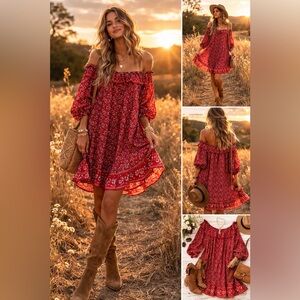 Max Studio Red Floral Off Shoulder Boho Dress 3/4 Sleeve Size M [000000]